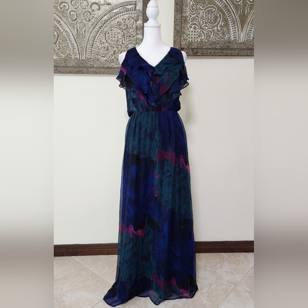 Aqua 100% Silk Elegant Multicolor Ruffle Neckline Maxi Dress Medium Whimsigoth